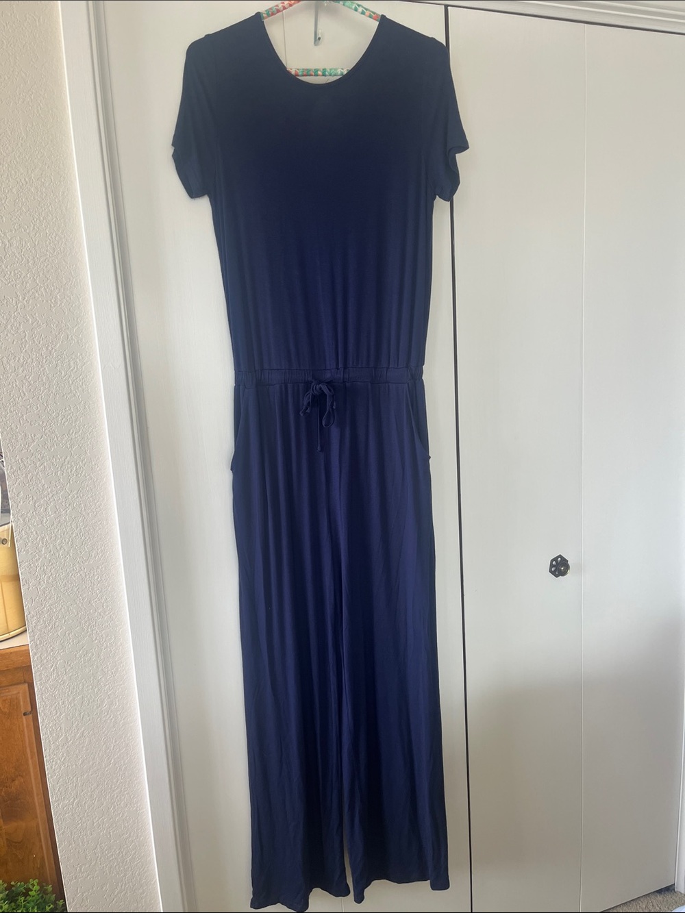 Women’s Navy Short-Sleeve Drawstring Jumpsuit with pockets